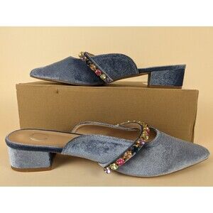 Journee Collection Jewel Mule Sandals Womens 9.5 M Blue Velvet Heel Shoes NWB